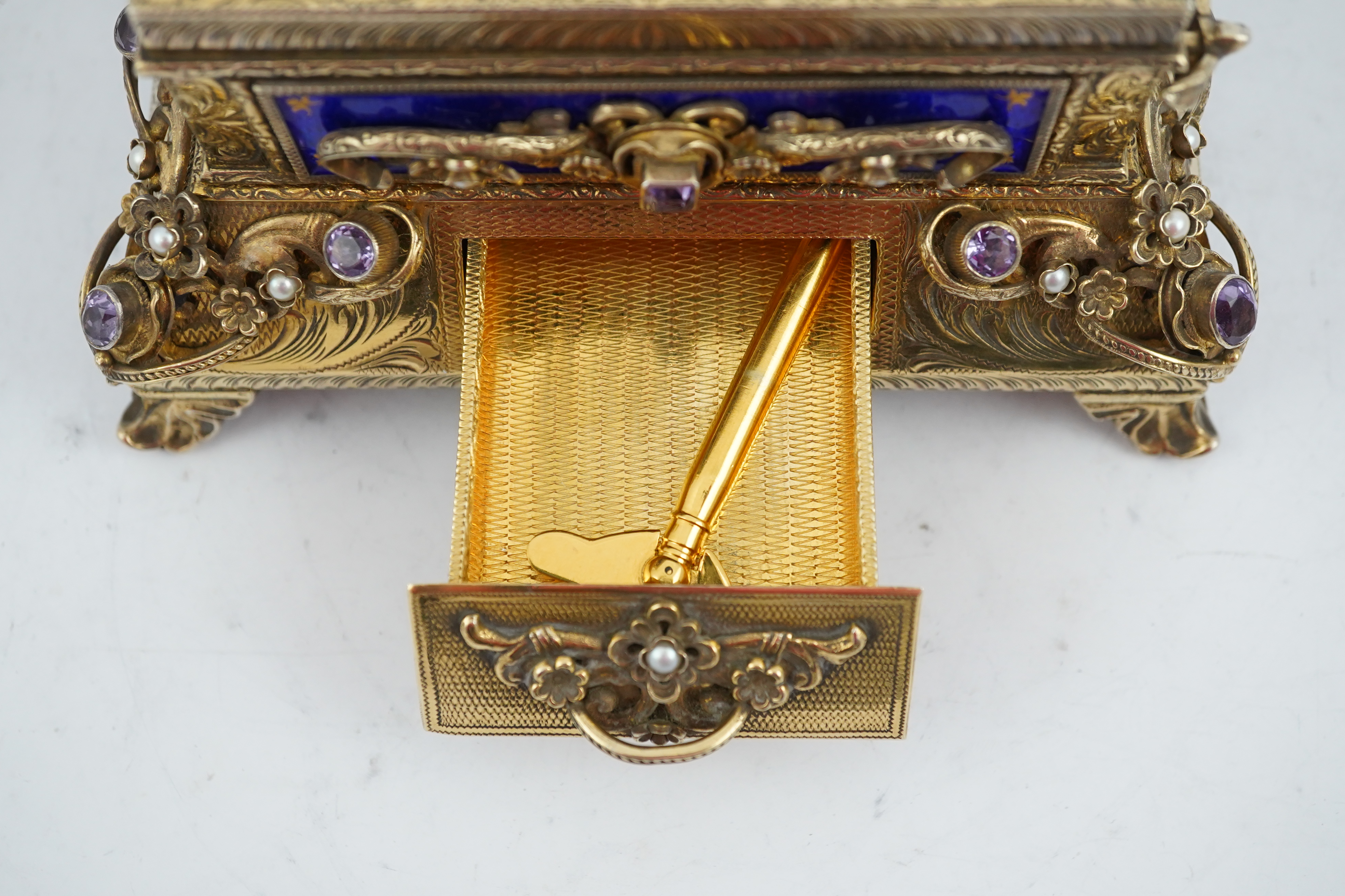 A late Karl Griesbaum Model 17 silver gilt, blue enamel, amethyst and cultured pearl set automaton singing bird box